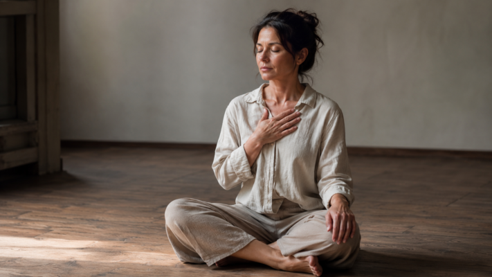 Woman sitting quietly with hand on chest, eyes closed, in soft natural light — nervous system regulation through breath