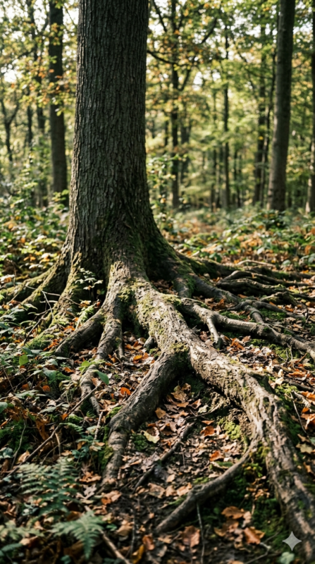 Deep oak tree roots representing the breathwork training foundations of The Exhale Awakening