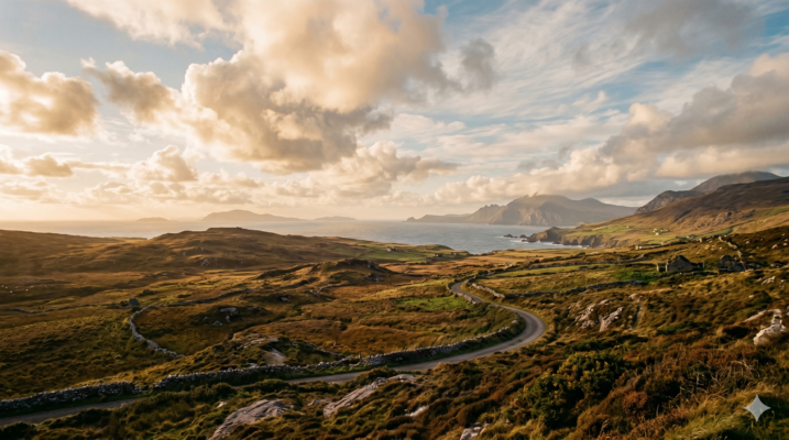 Open landscape in warm seasonal light evoking An Bhliain and the lived rhythm of the Celtic year