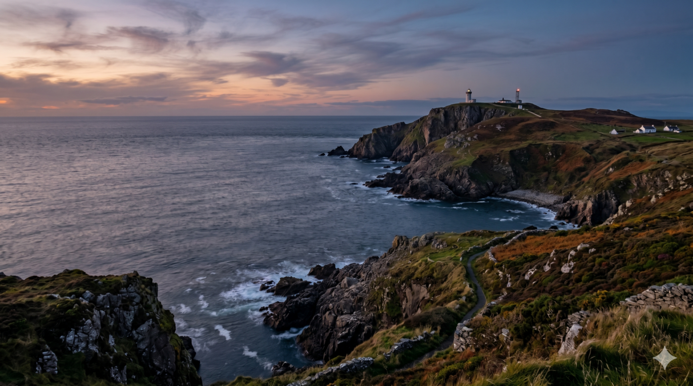 The wild coastline of Malin Head at dusk, sea meeting sky, used as hero image for As the Light Changes breathwork retreat page