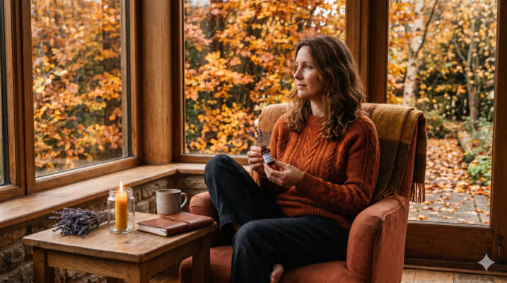 A woman in autumn light holding lavender essential oil, taking quiet time for herself as part of the Essentially Soulitude autumn season practice.
