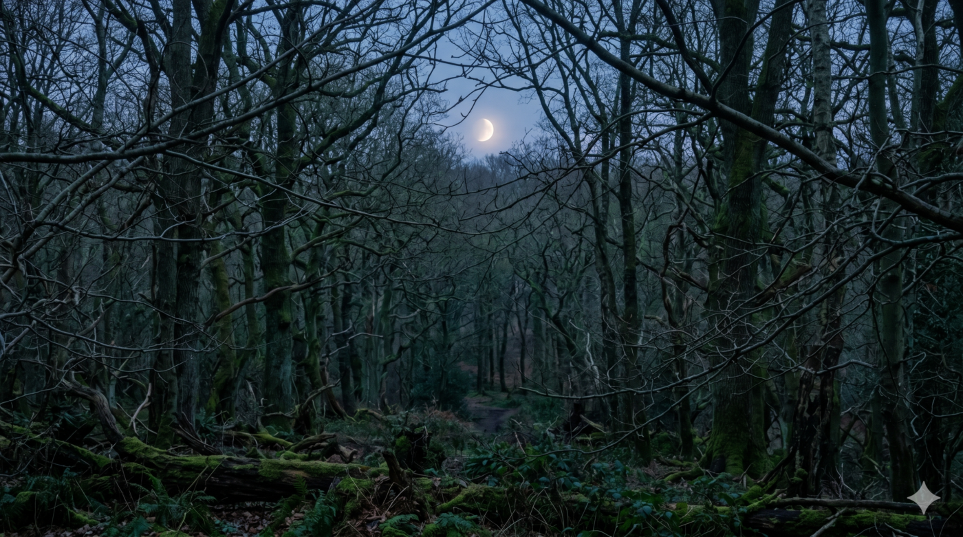 Ancient woodland at dusk — The Deeper Exhale monthly breathwork immersive with The Exhale Awakening