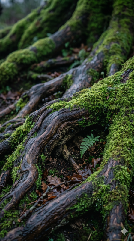 Moss-covered tree roots — breathwork rooted in Celtic tree wisdom at The Exhale Awakening
