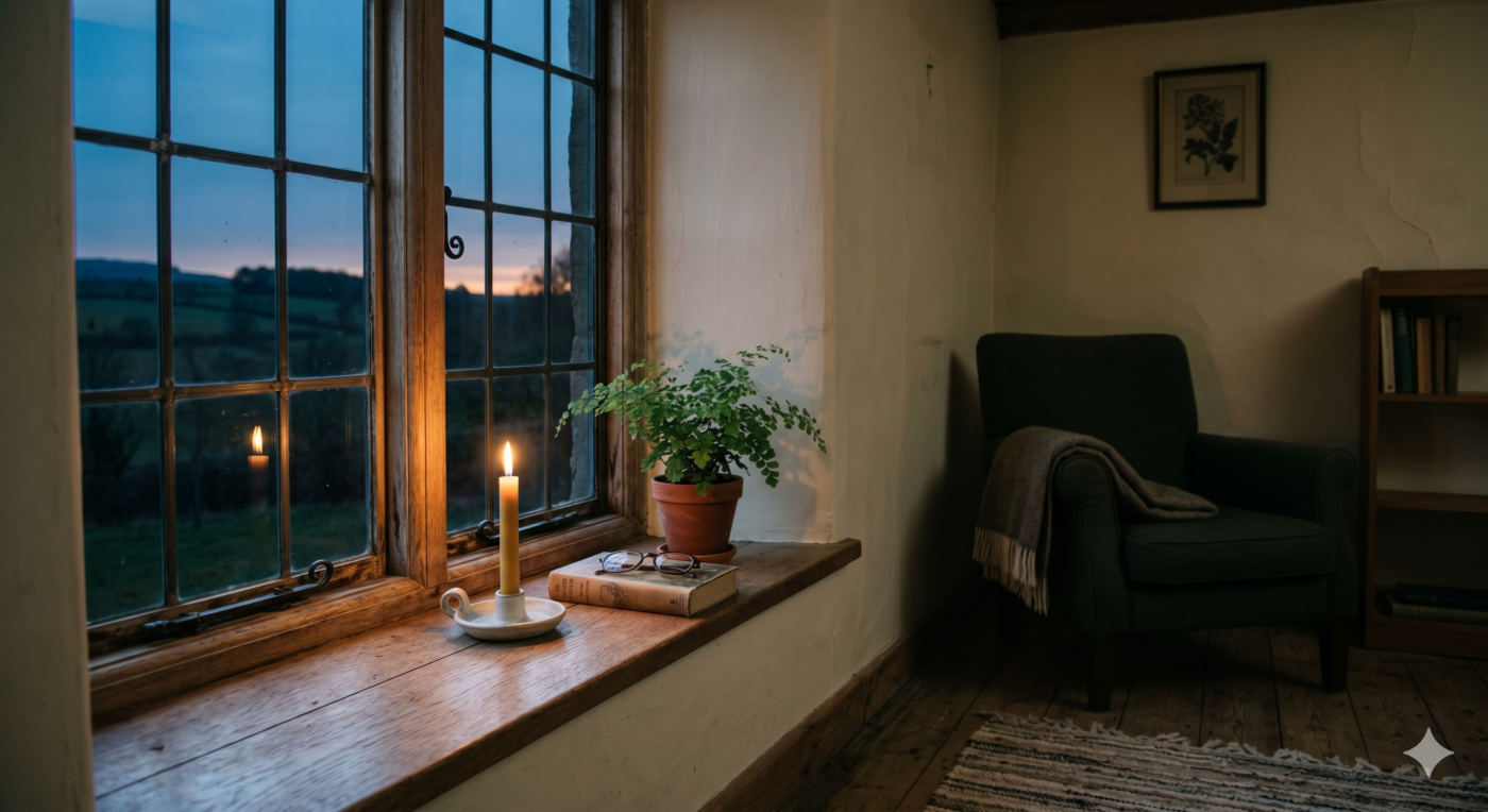 A softly lit room at dusk, calm and still, evoking the quiet of an evening breathwork session.
