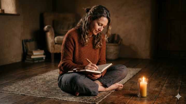 A woman sitting in candlelight, journalling quietly as part of a self-care ritual guided by natural astrology and moon cycles.