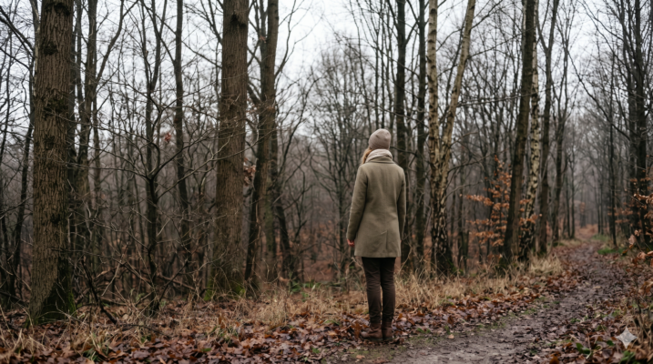 A woman standing at the edge of a bare winter forest, facing inward, representing seasonal living and the practice of listening to the rhythm of the year.