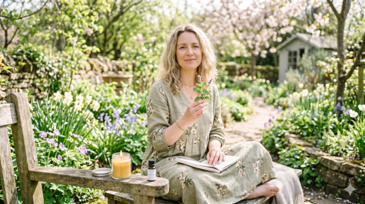 A woman sitting in spring sunlight with a candle and peppermint essential oil, practising Soulitude self-care aligned with the spring zodiac season.