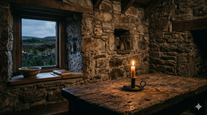 Candlelit Irish stone interior evoking the stillness of the Three Cauldrons practice in Celtic tradition