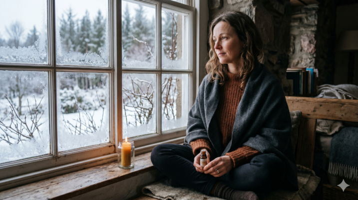 A woman in winter light sitting with frankincense oil and a candle, in deep quiet reflection as part of the Essentially Soulitude winter season practice.