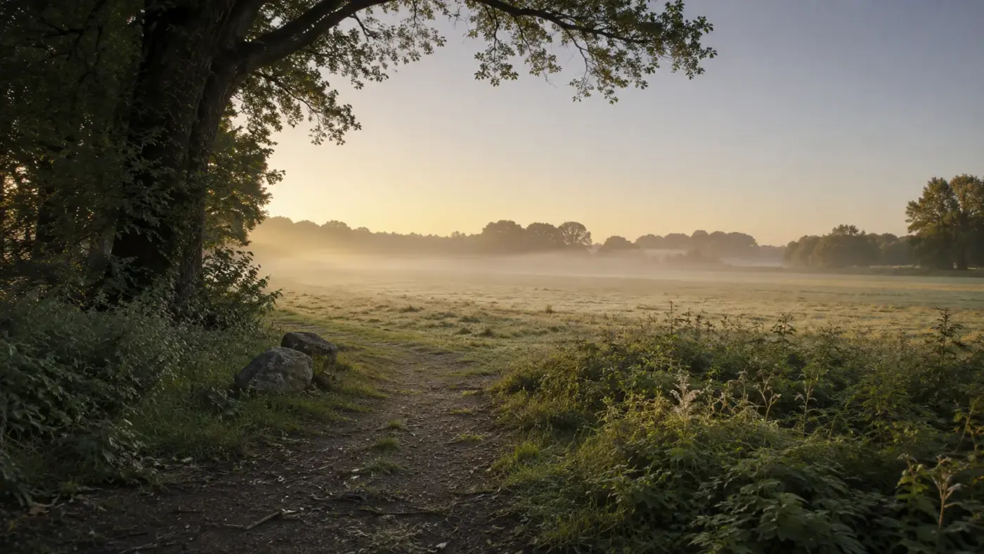 Soft woodland clearing at first light, representing the Explore section of The Exhale Awakening.